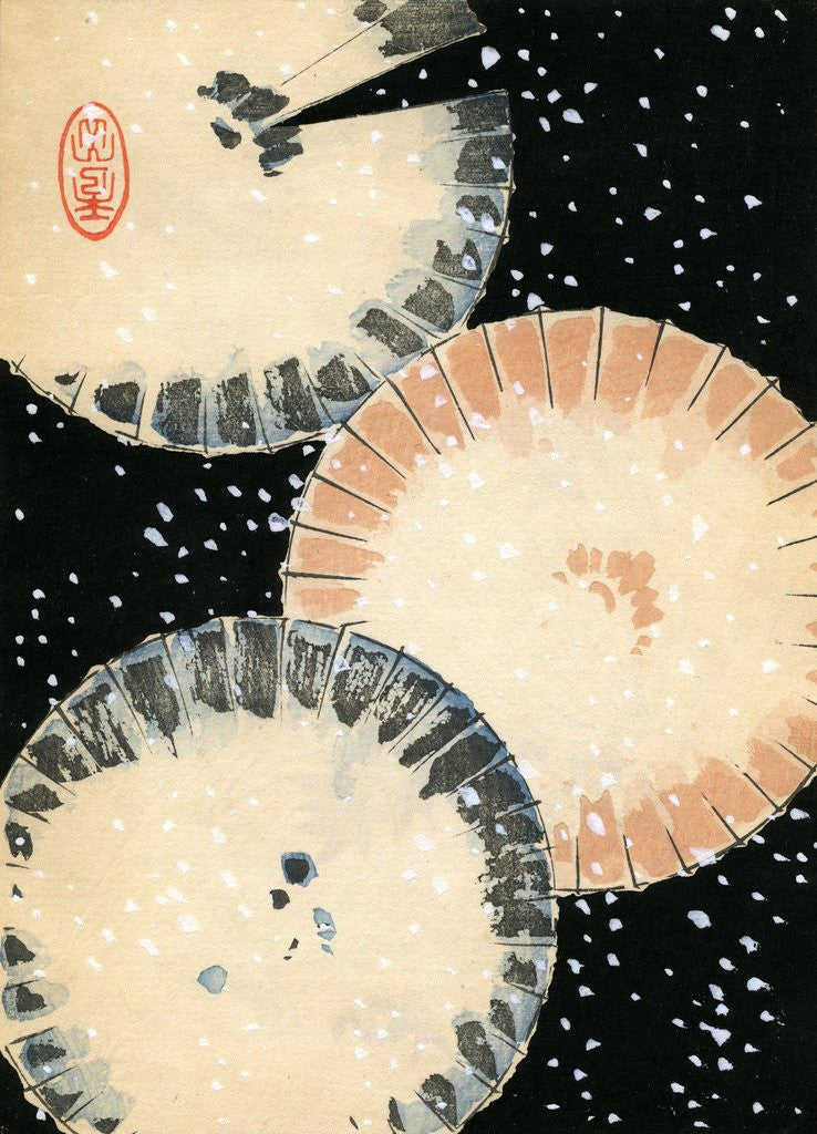 Detail of Illustration of Three Umbrellas in Snow by Anonymous