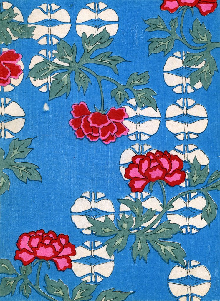 Illustration of White Lanterns and Peonies on Blue Background by Corbis