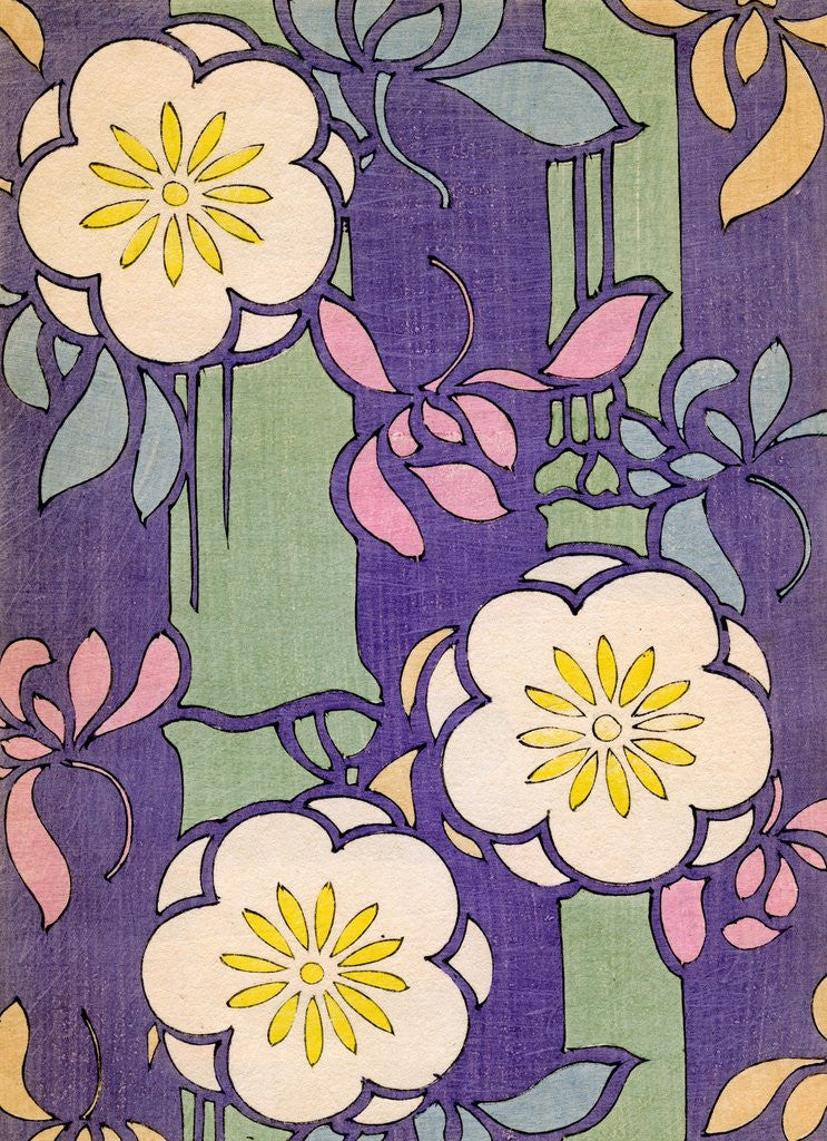 Detail of Illustration of Flower Blossoms on a Lavender and Green Background by Anonymous