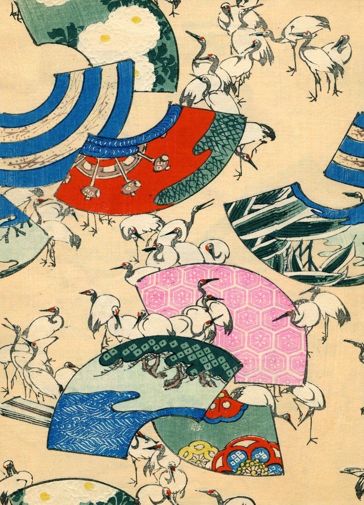 Detail of Illustration of Multicolored Fans with Cranes by Anonymous