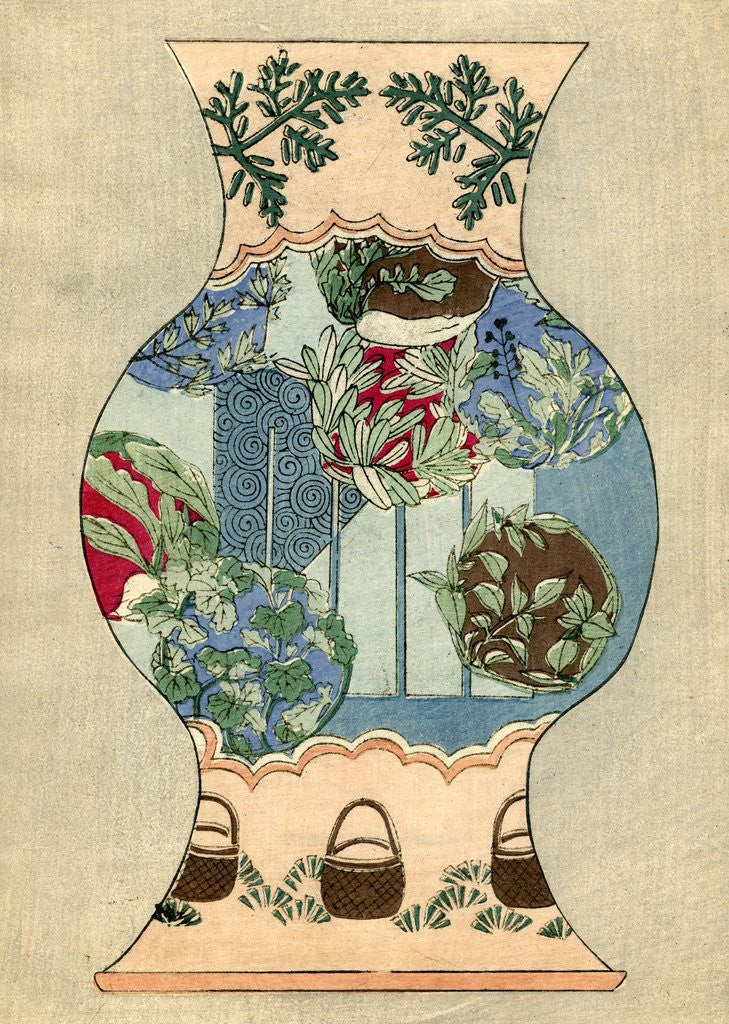 Detail of Illustration of Japanese Vase Design with Baskets and Foliage by Corbis