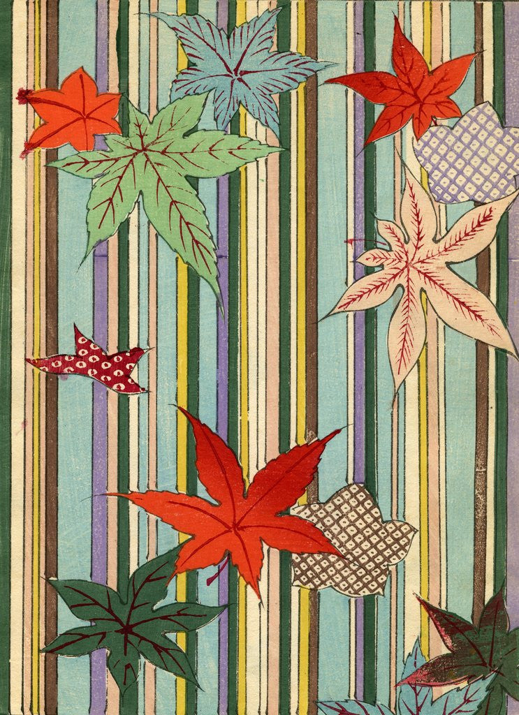 Detail of Illustration of Autumn Leaves on a Striped Background by Anonymous