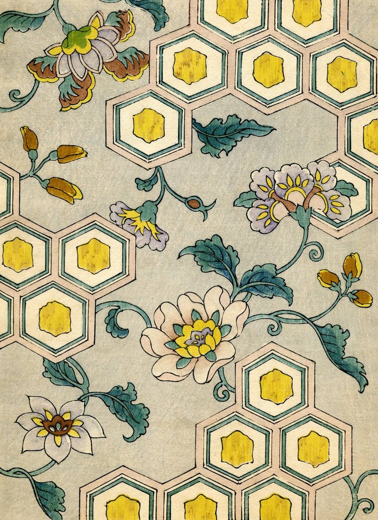 Detail of Illustration of Blossoms on a Yellow and Grey Honeycomb Background by Anonymous