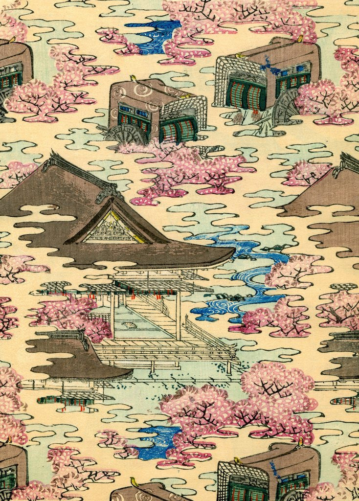 Detail of Illustration of Pink and Blue Landscape with Houses by Anonymous