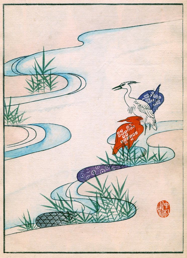 Detail of Illustration of River Landscape with Cranes by Anonymous