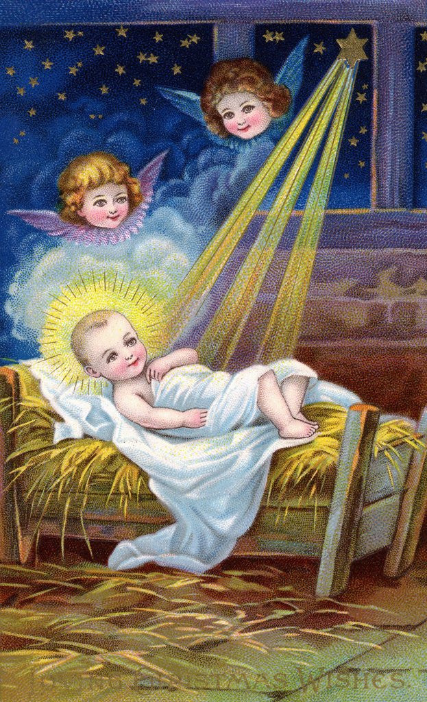 Detail of Loving Christmas Wishes Postcard with Christ Child in Manger by Anonymous