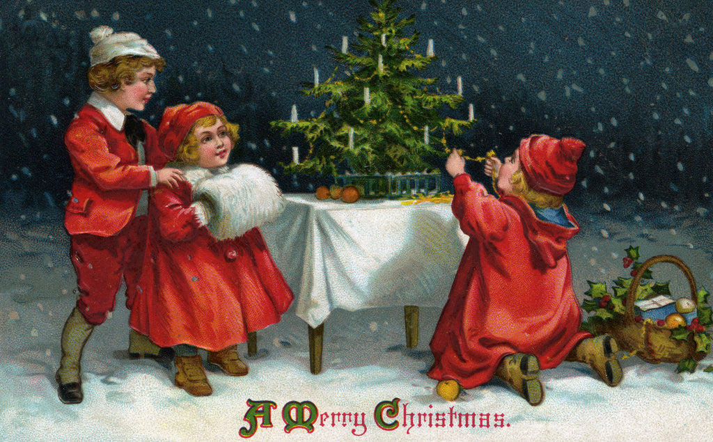 Detail of A Merry Christmas Postcard with Children Decorating Christmas Tree by Anonymous