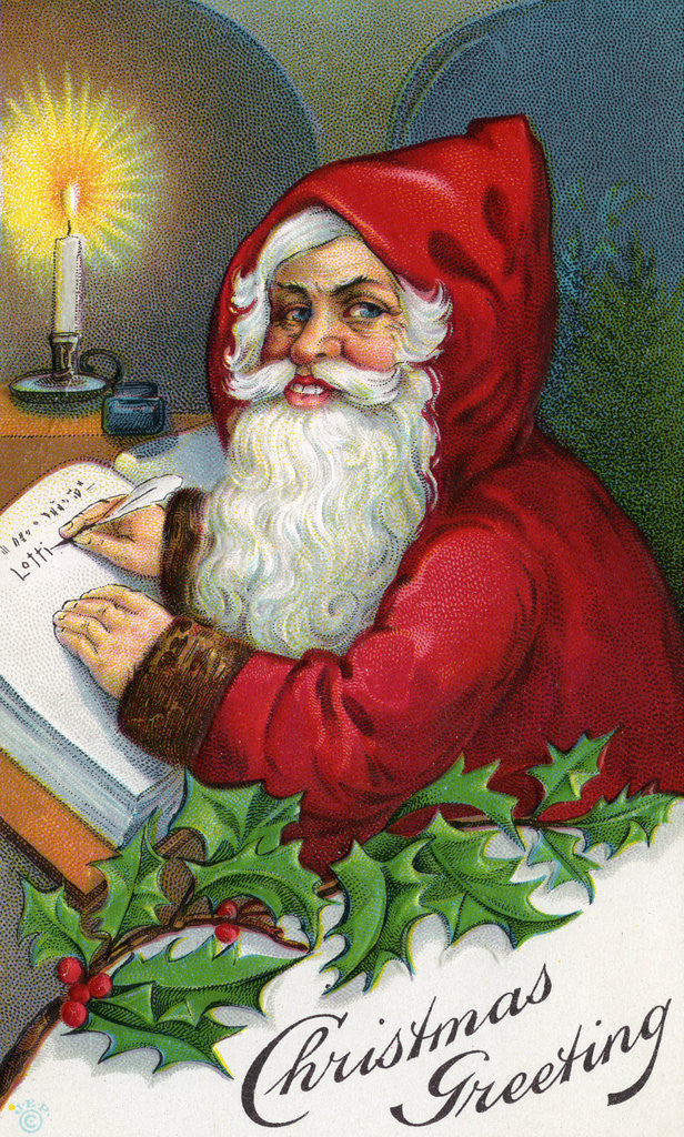 Detail of Christmas Greeting Postcard with Santa Claus Making His List by Anonymous