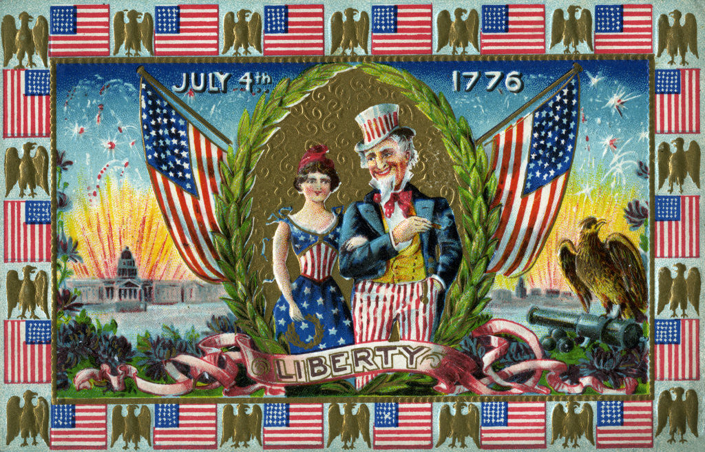 Detail of July 4th 1776 Postcard with Uncle Sam and Lady Liberty by Anonymous