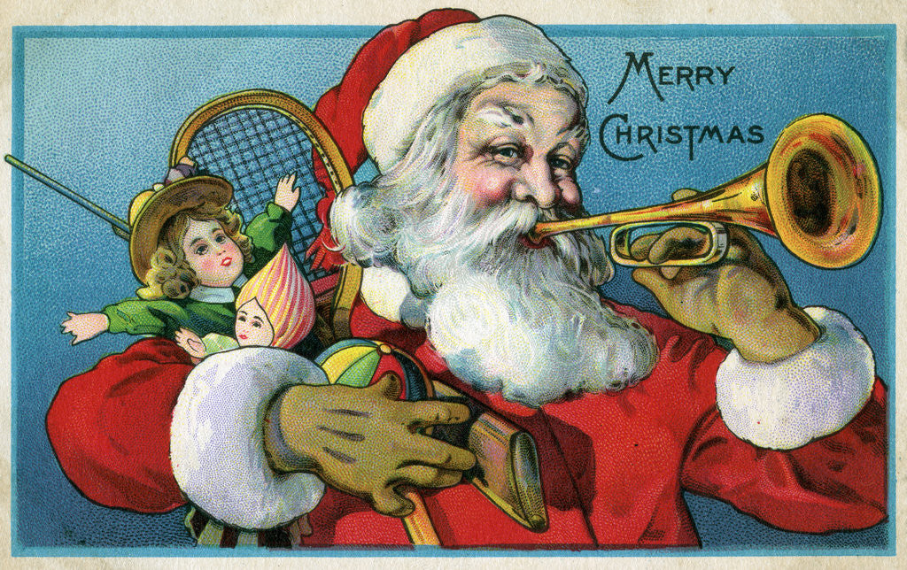 Detail of Merry Christmas Postcard with Santa Claus Blowing a Horn by Anonymous