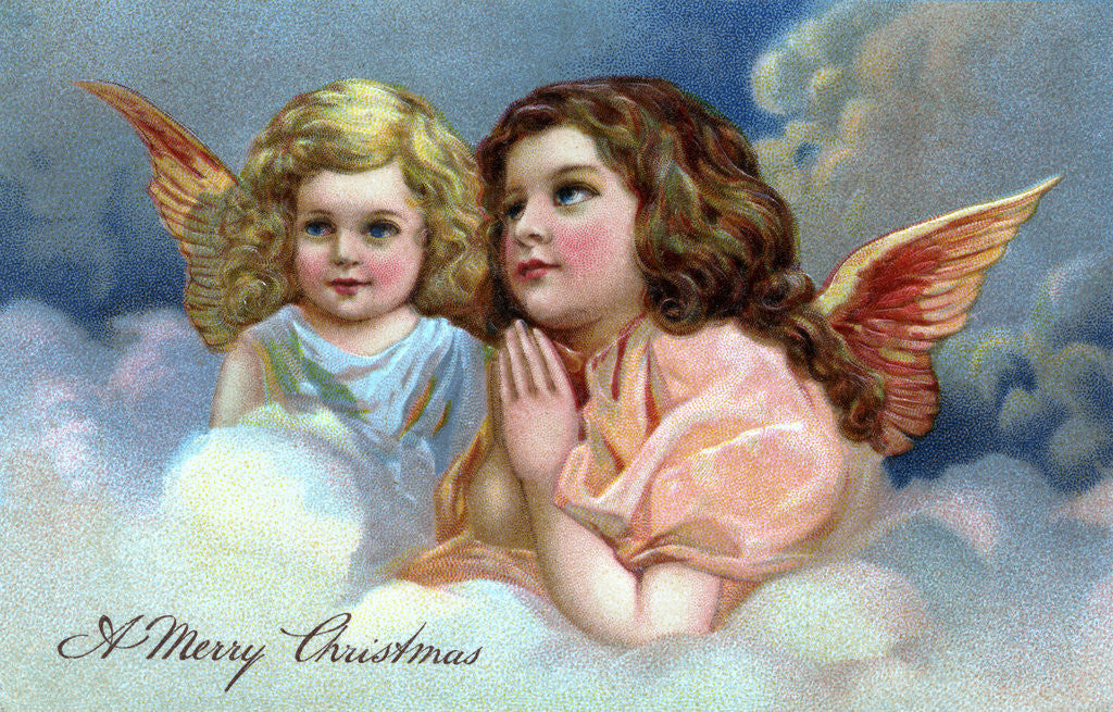 Detail of A Merry Christmas Postcard with Two Praying Angels by Anonymous