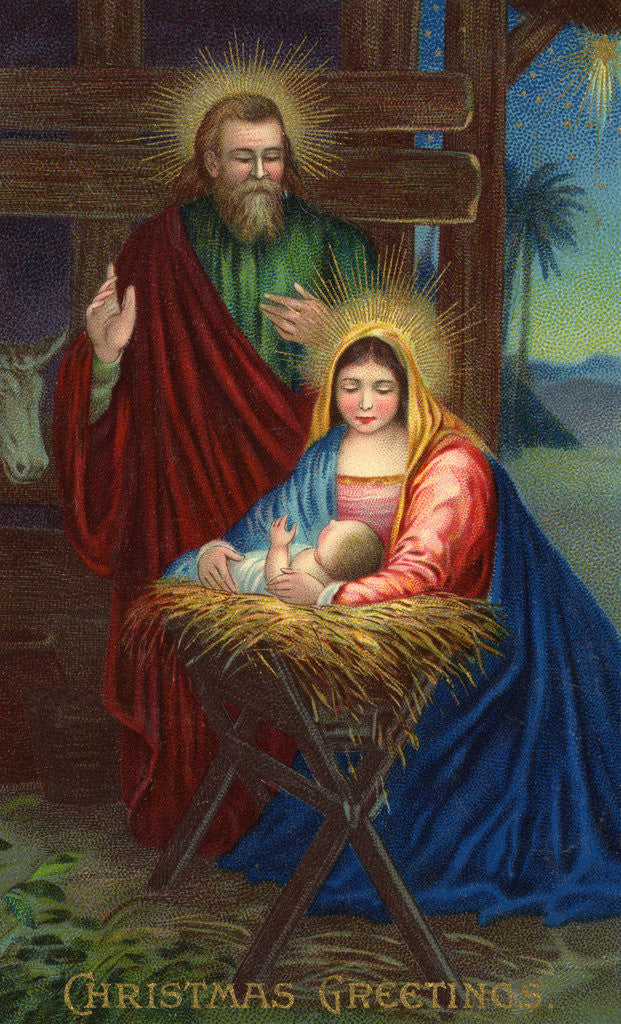 Detail of Christmas Greetings Postcard with Holy Family by Anonymous