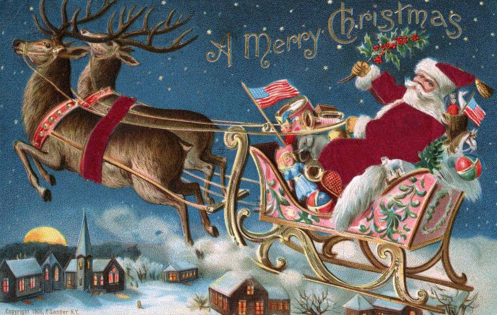 Detail of A Merry Christmas Postcard with Santa in His Sleigh by Corbis