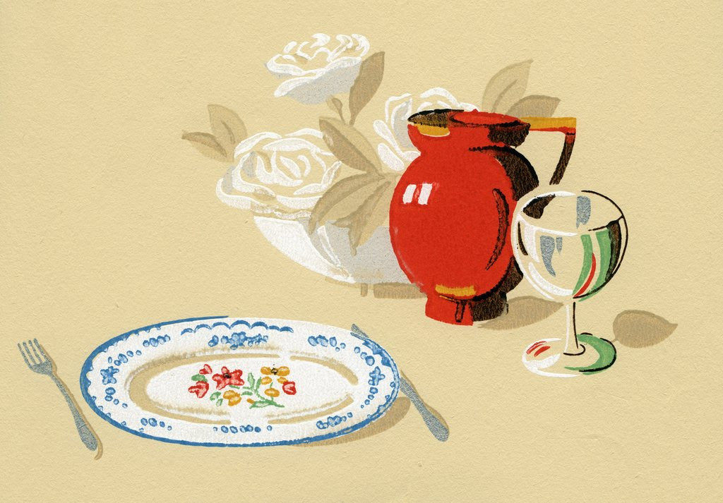 Detail of Lithograph of Place Setting with Pitcher and Wine Glass by Anonymous