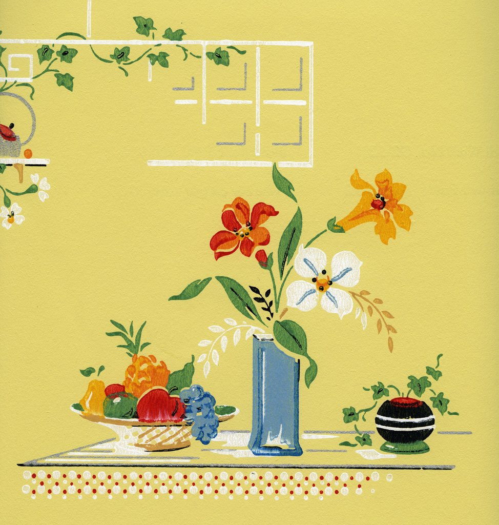 Detail of Lithograph of Flowers and Fruit on a Table by Corbis