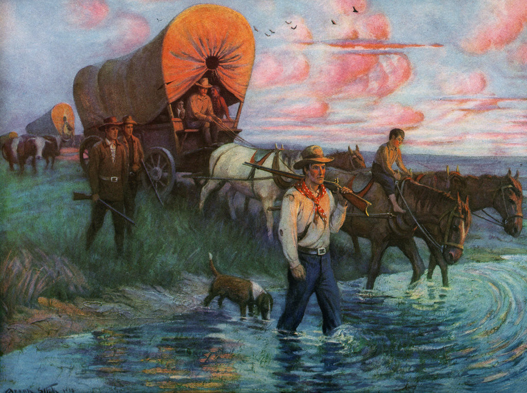 Detail of Calendar Illustration of Settlers in Covered Wagons Crossing the Plains by Frank Stick