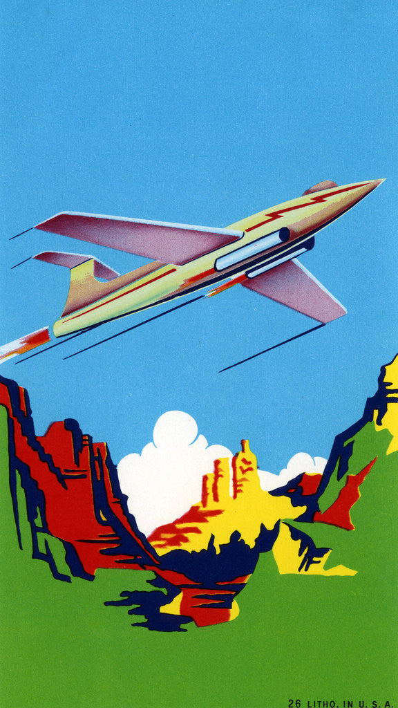 Detail of Broom Label of Fighter Jet Flying Over Canyon by Anonymous