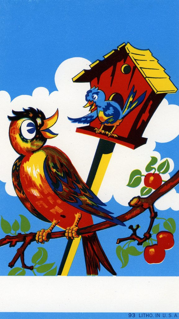 Detail of Birds and Birdhouse Broom label by Anonymous