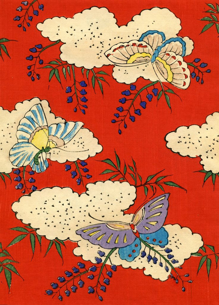 Detail of Illustration of Butterflies on Red and White Background by Anonymous