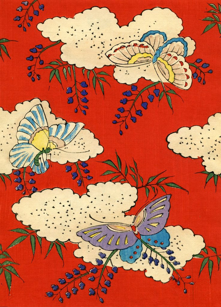 Detail of Illustration of Butterflies on Red and White Background by Corbis