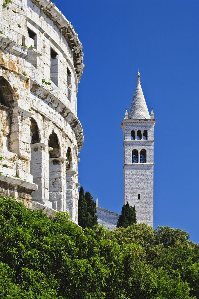 Detail of Roman Amphitheater and Church Bell Tower in Pula by Anonymous