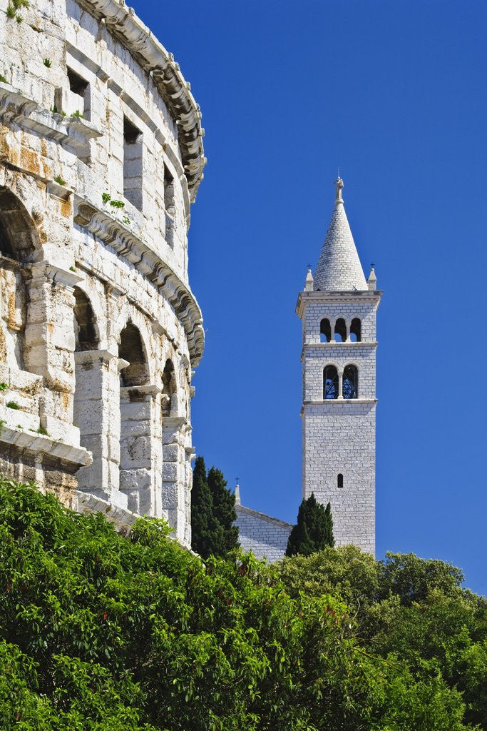 Detail of Roman Amphitheater and Church Bell Tower in Pula by Corbis