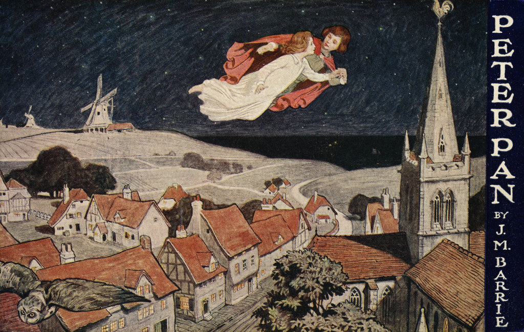 Detail of Illustration of Peter Pan and Wendy Flying Over Town by Corbis
