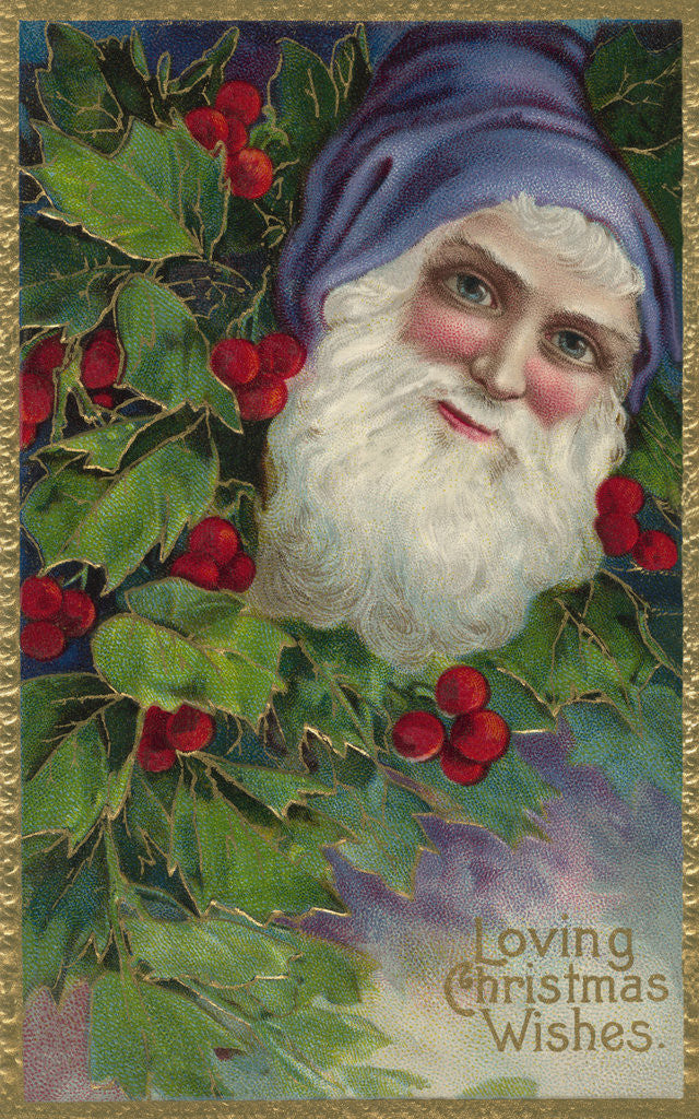 Detail of Loving Christmas Wishes Postcard with Santa Claus in Blue Cap by Anonymous