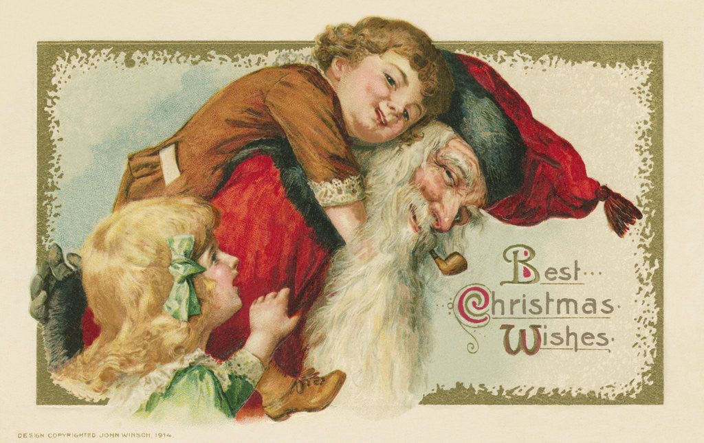 Detail of Best Christmas Wishes Postcard with Santa Claus and Children by Anonymous