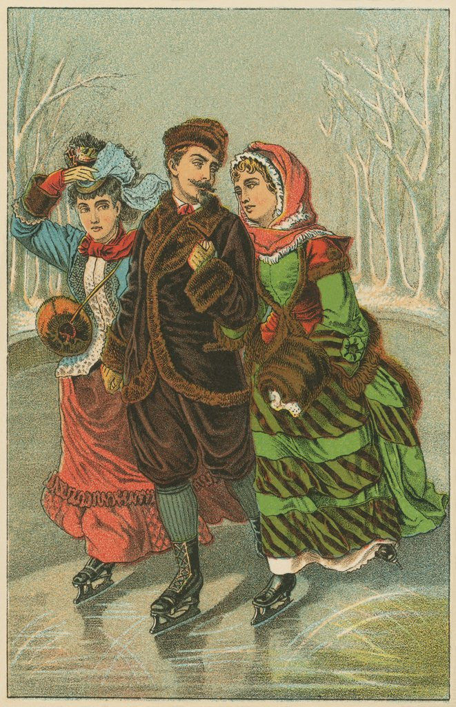 Detail of Victorian Print of Three People Ice Skating by Corbis