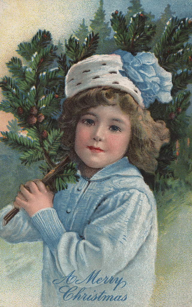 Detail of A Merry Christmas Postcard with Girl Holding Pine Bough by Anonymous