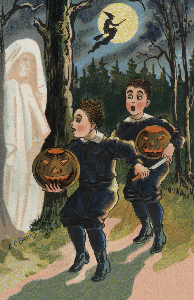 Detail of Halloween Postcard of Frightened Children by E.C. Banks
