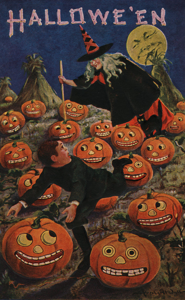 Detail of Halloween Postcard of Witch Chasing Boy by Bernhardt Wall