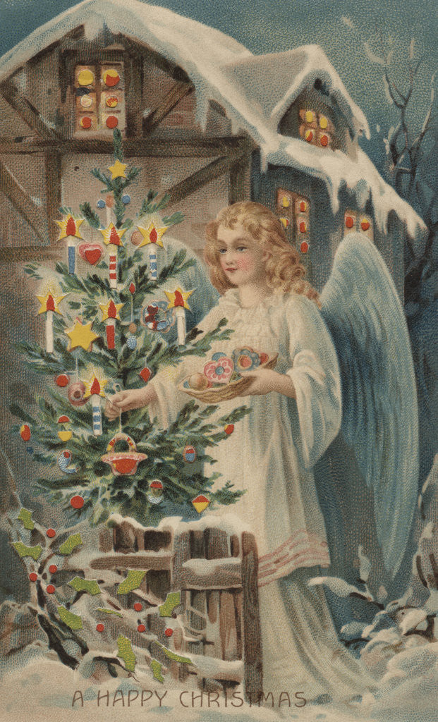 Detail of A Merry Christmas Postcard with Angel and Christmas Tree by Anonymous