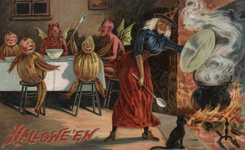 Detail of Halloween Postcard with Witch and Demons by Corbis
