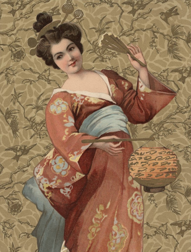 Detail of Postcard of Geisha Holding Lantern by Corbis