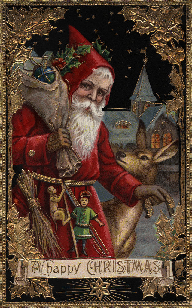 Detail of A Happy Christmas Postcard with Santa and Deer by Anonymous