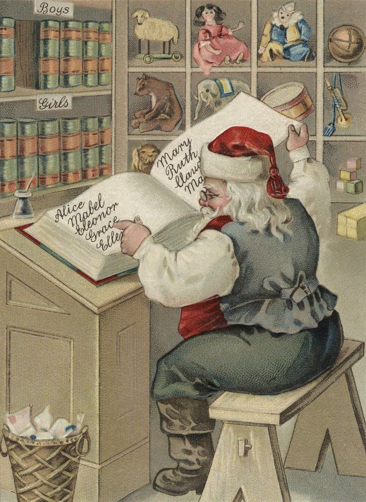 Detail of Christmas Postcard with Santa Checking Book of Names by Corbis