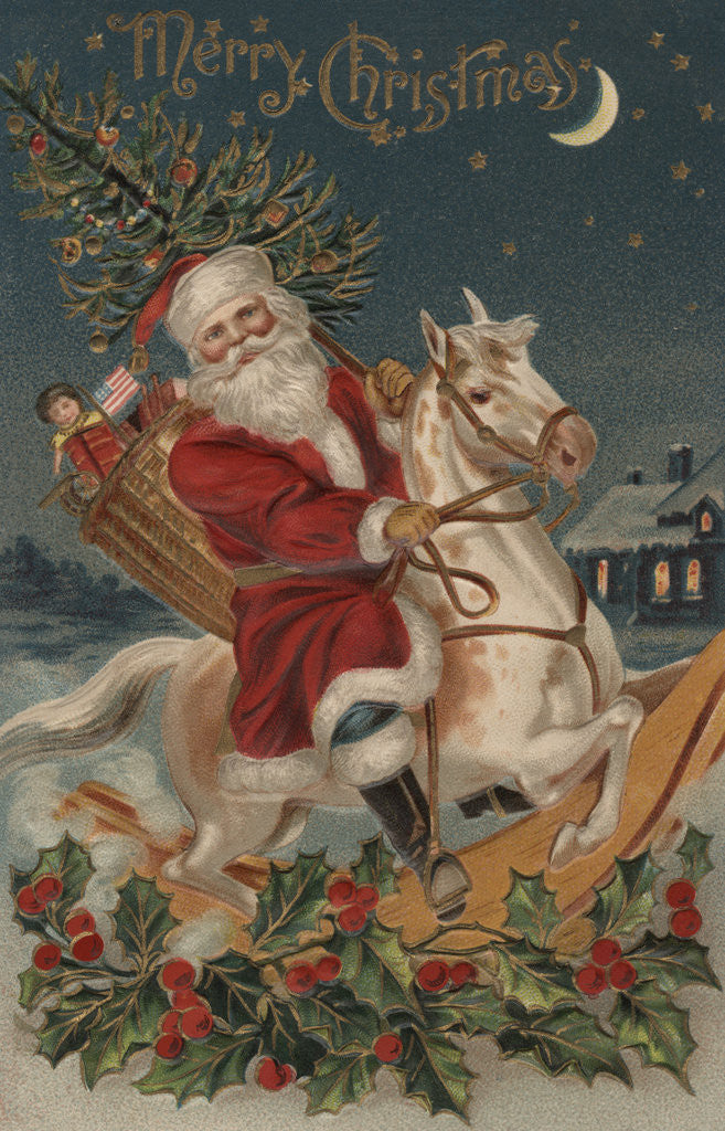Detail of Merry Christmas Postcard with Santa on Rocking Horse by Corbis