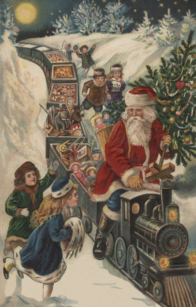 Detail of Christmas Postcard with Santa Riding a Train with Toys by Corbis