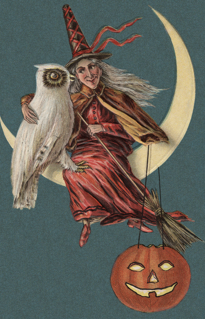 Detail of Halloween Postcard with Witch and Owl Sitting in Crescent Moon by Corbis