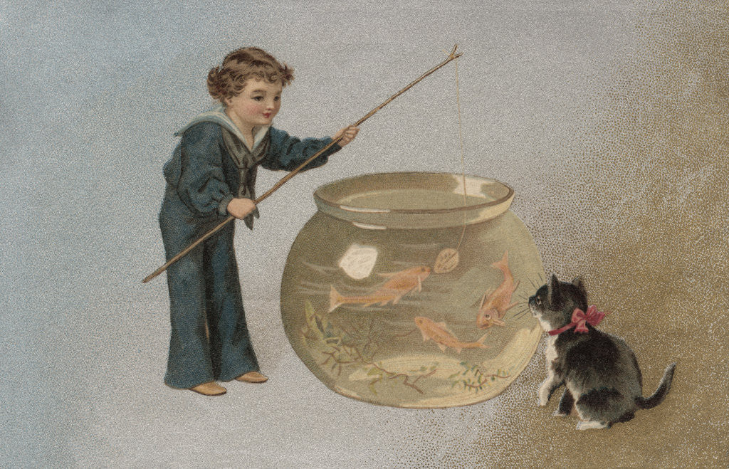 Detail of Postcard of Boy Fishing in Fishbowl by Anonymous