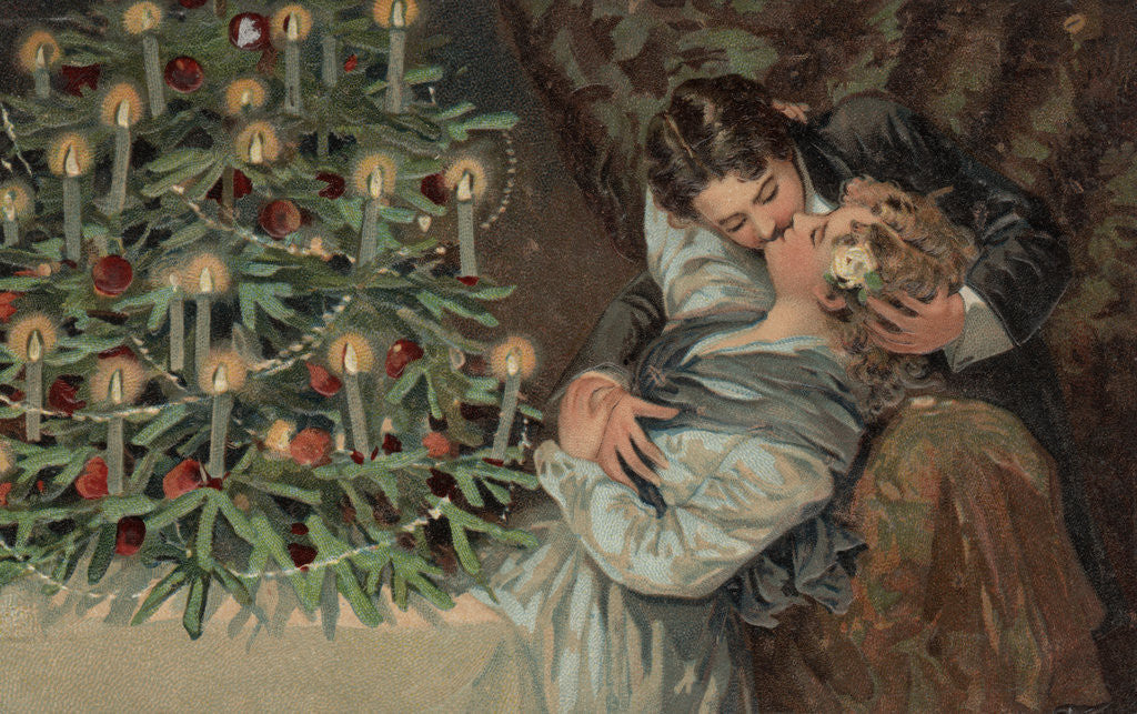 Detail of Christmas Postcard with Kissing Couple by Corbis