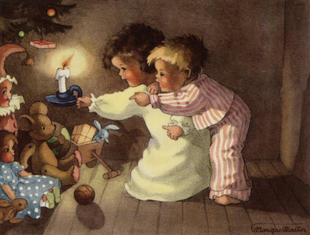 Detail of Christmas Postcard with Children Looking at Toys by Monique Martin