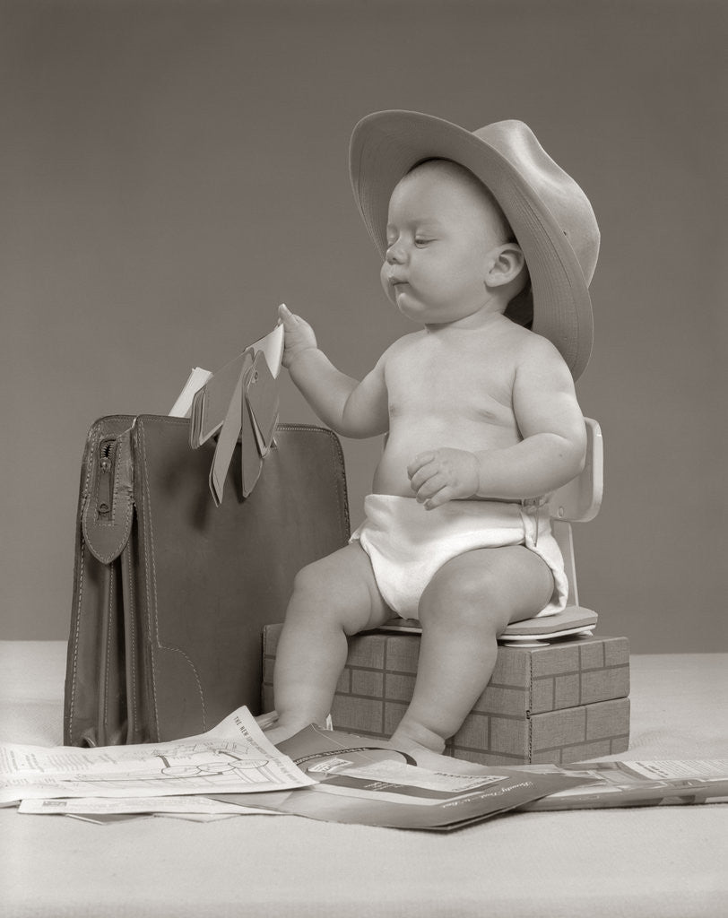 Detail of 1950s Baby Businessman In Diaper With Hat Briefcase Salesman Samples Paperwork by Anonymous