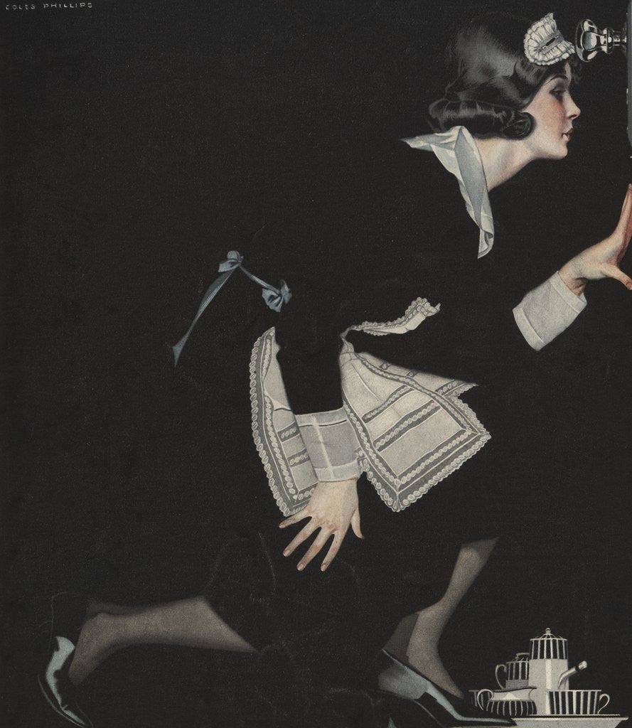Detail of Illustration of Maid Peeking in Keyhole by Coles Phillips