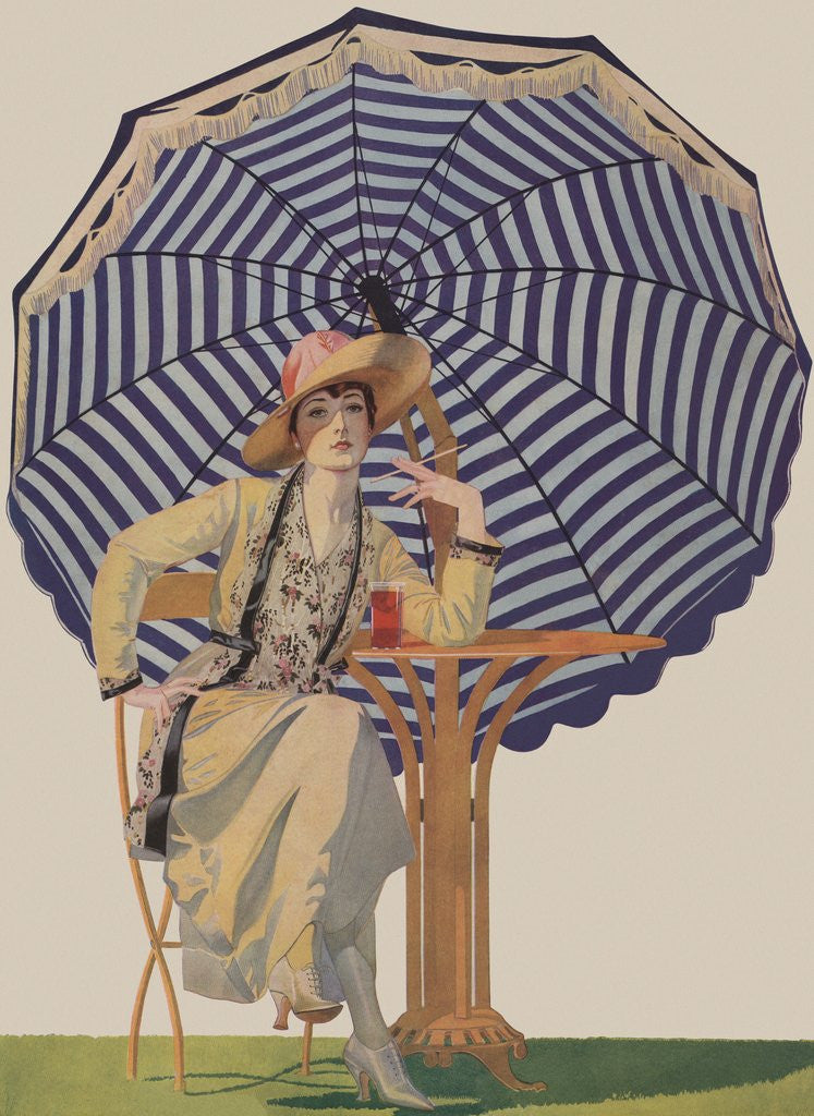 Detail of Illustration of Woman Sitting Under Striped Umbrella by Coles Phillips