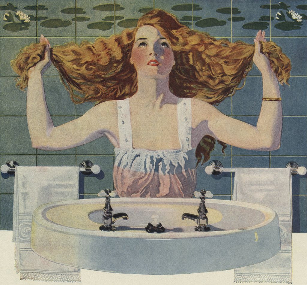 Detail of Illustration of Woman Holding Out Her Hair by Corbis