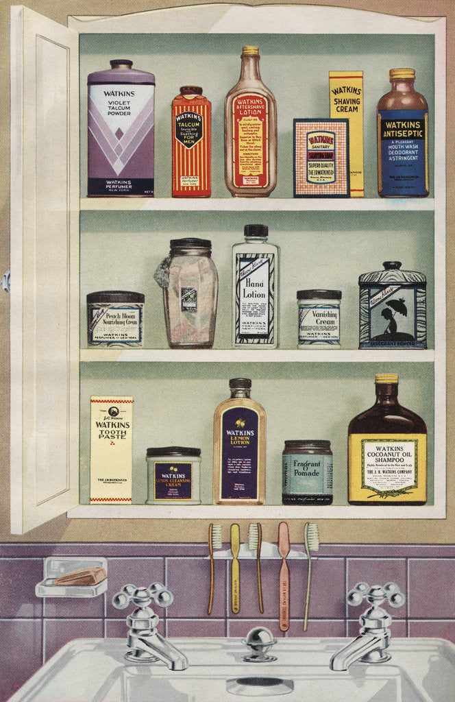 Detail of Illustration of Medicine Cabinet Filled with Watkins Products by Anonymous
