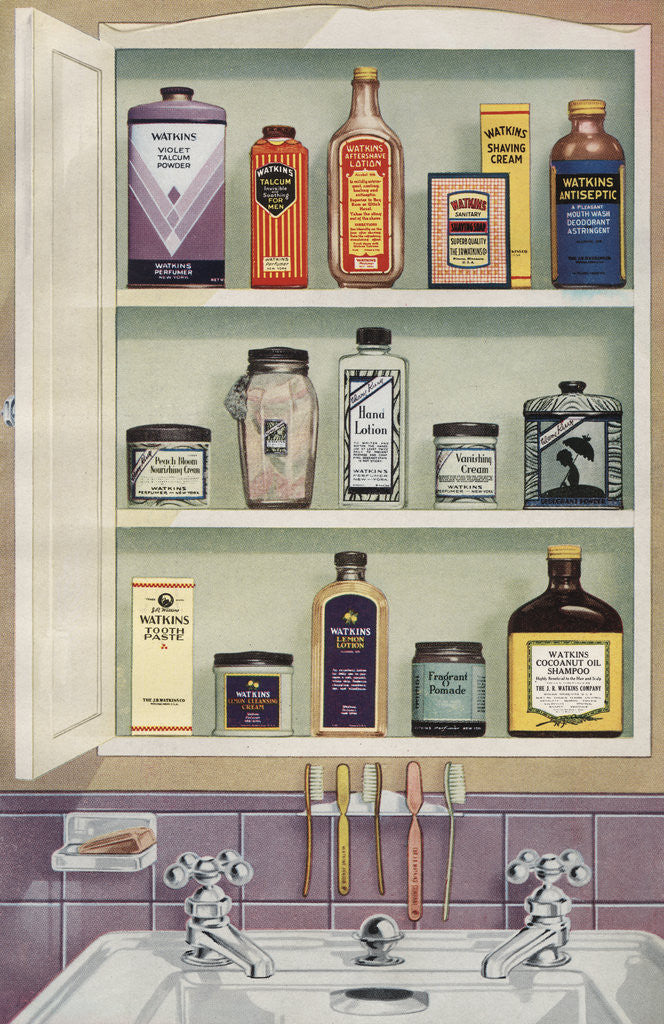 Detail of Illustration of Medicine Cabinet Filled with Watkins Products by Corbis